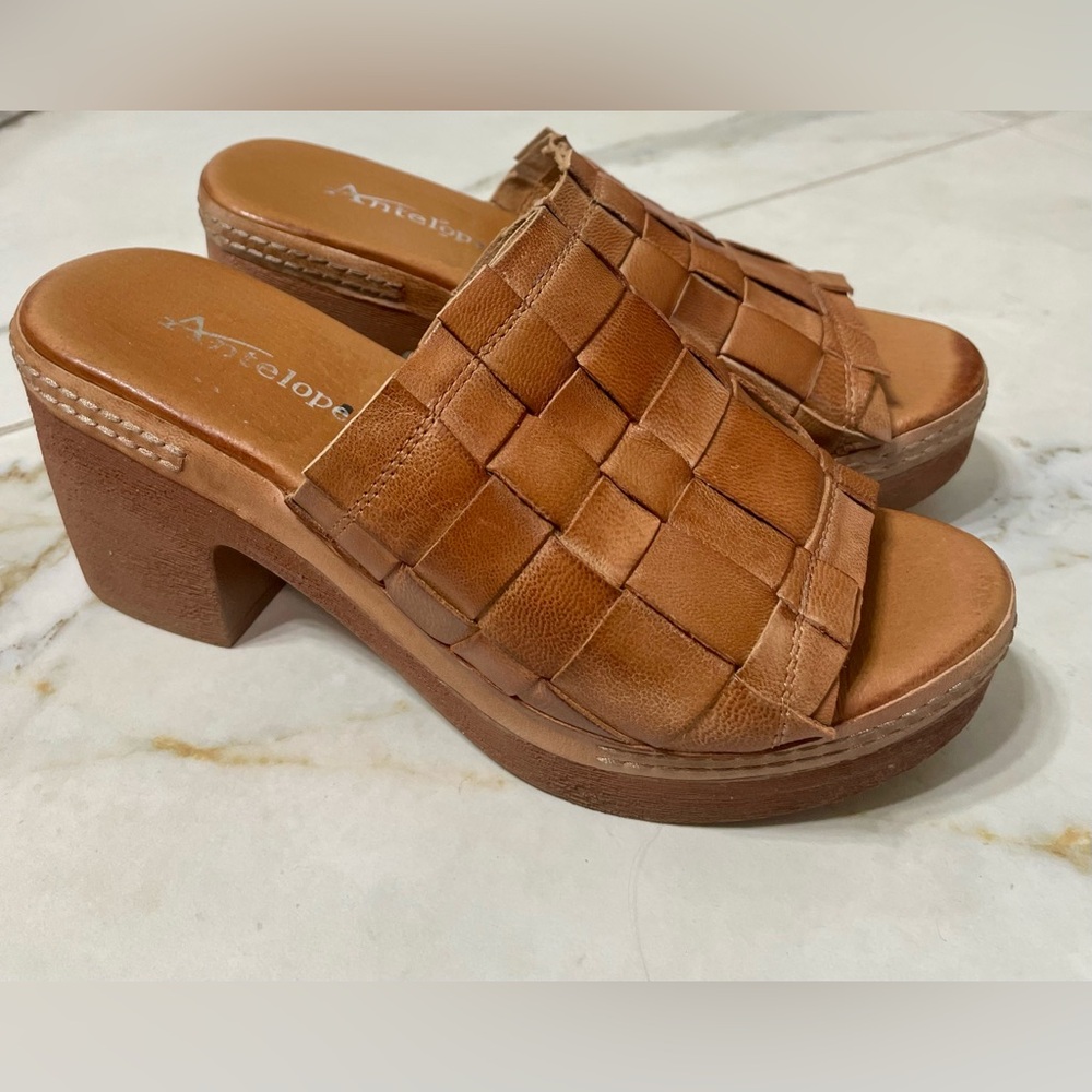Antelope Tamia Leather Woven Heeled Sandals Platform Slide Tan Sz US7.5-8M EU38